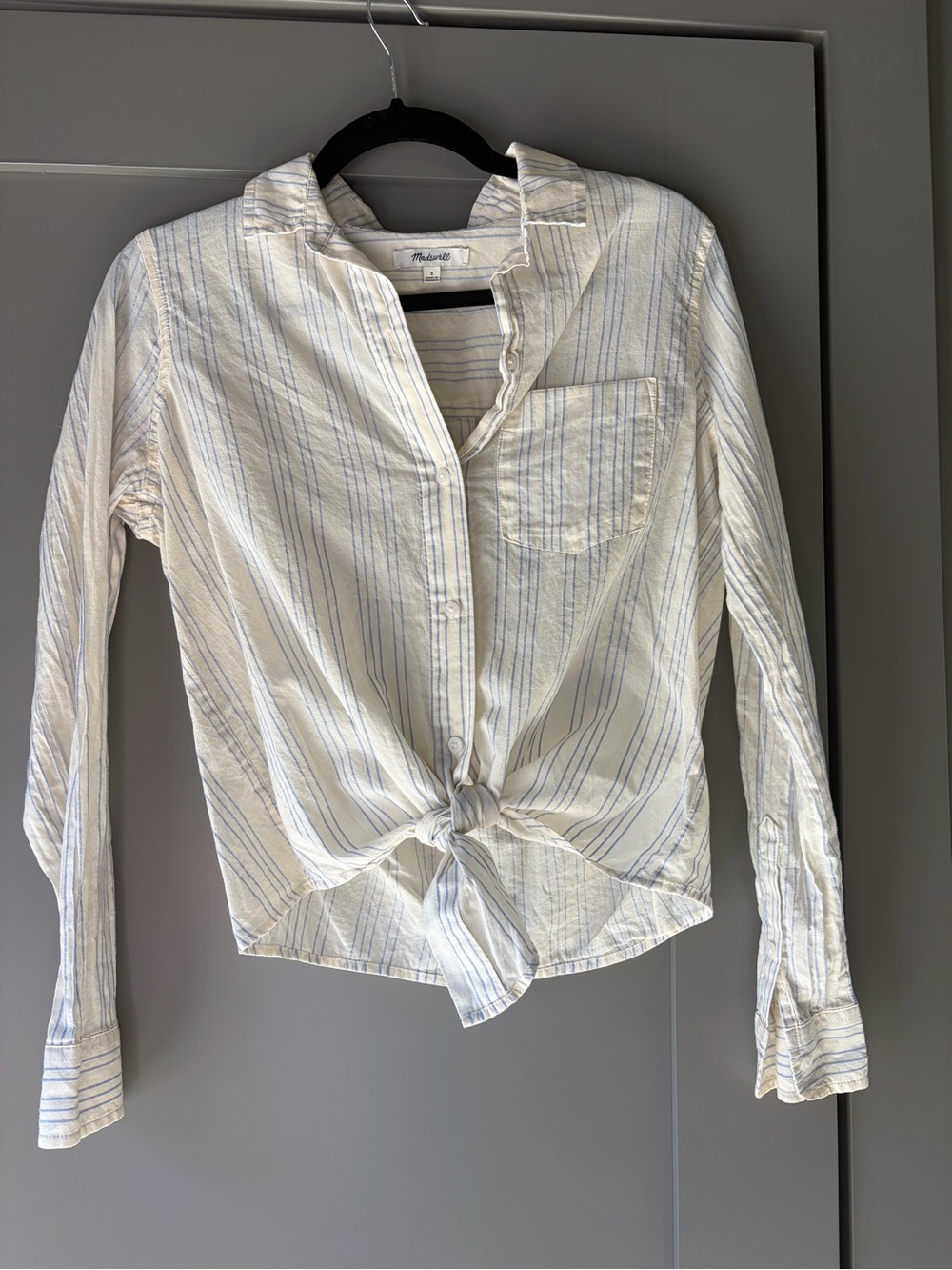 Madewell Cream and Light Blue Striped Tie-Front Button-Down